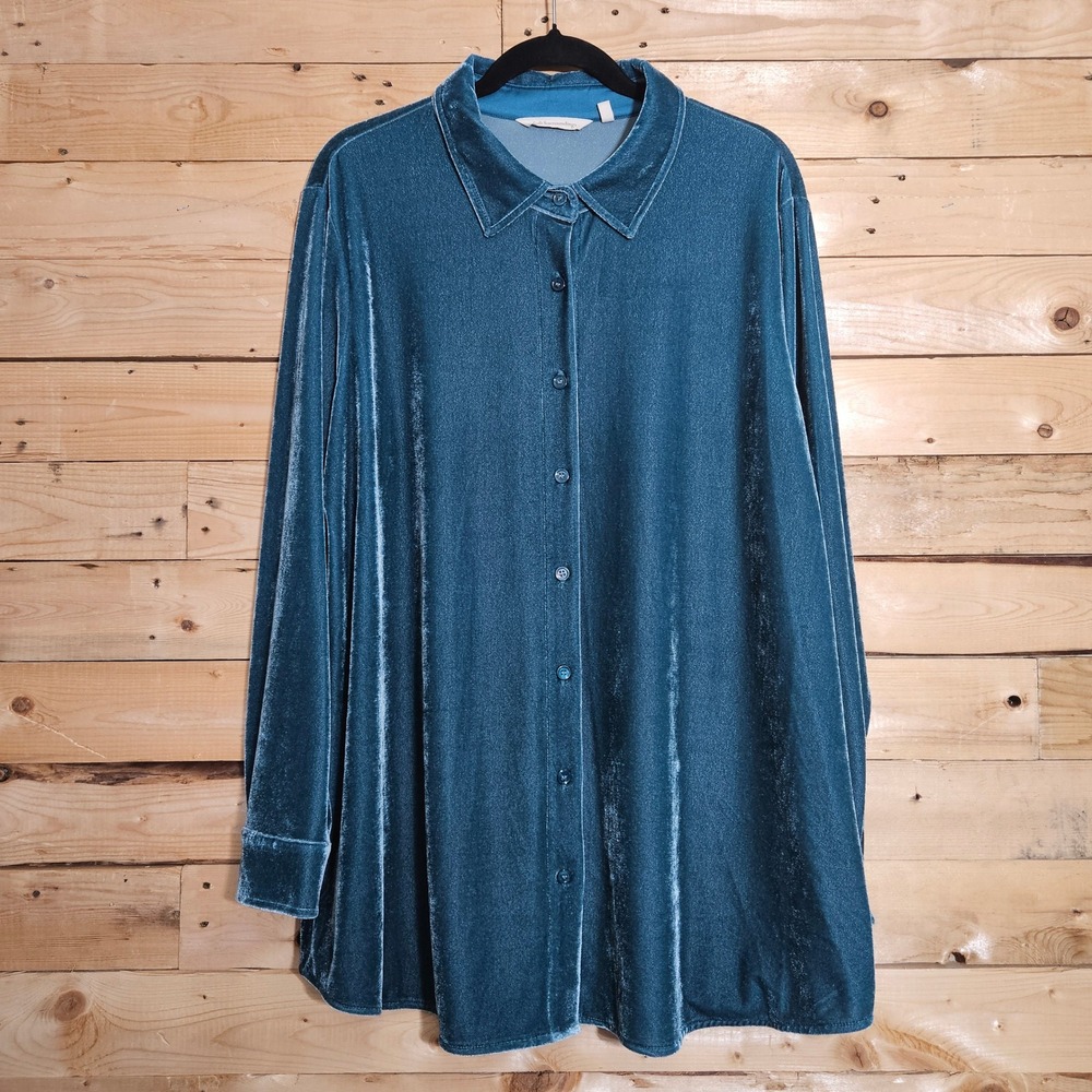 Soft Surroundings Teal Blue Stretch Velvet Button Down Tunic Top 1X 59695
